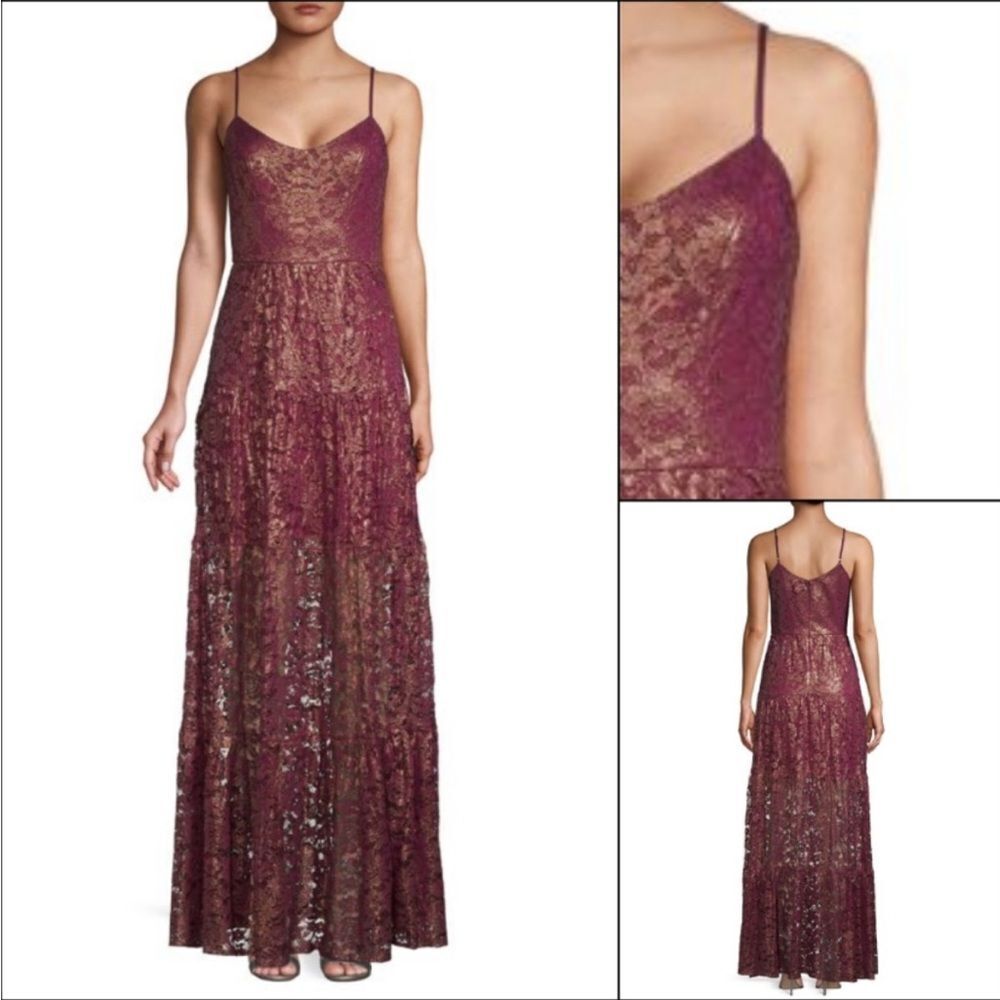 Dress the population Elegant Lace Evening Gown in Burgundy, M